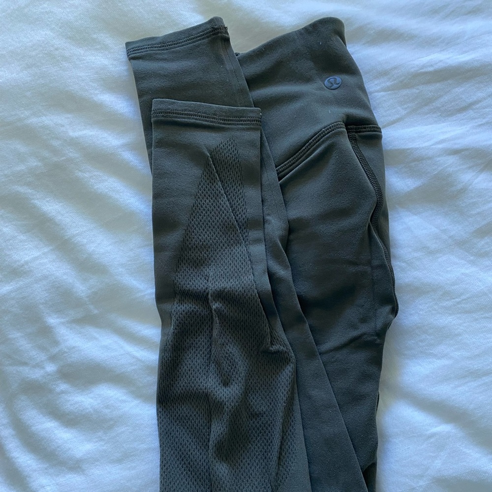 Lululemon full length olive green leggings with mesh sides (thigh and calf show)